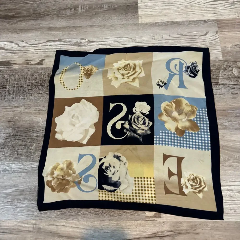 Silk Roses Alphabet Square Scarf Floral Cream Blue Coquette
